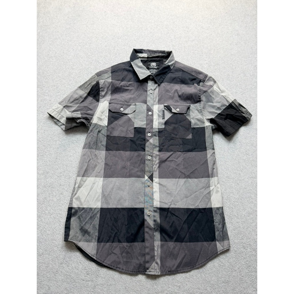 Ecko Unltd Mens Short Sleeve Button Down Shirt Black Grey Plaid Buffalo Check L